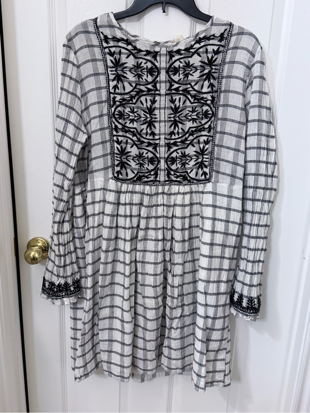 World Market White and Black Checked Embroidered Mini Dress